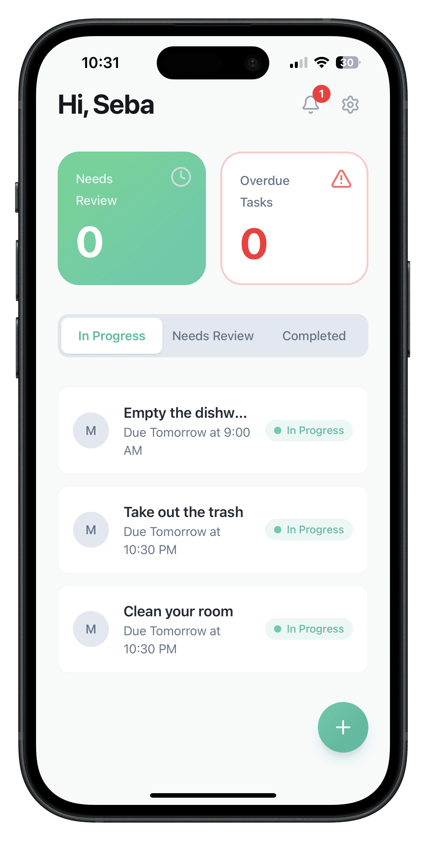 taskr iOS app showing the real-time parent dashboard with overdue chores and pending photo approvals
