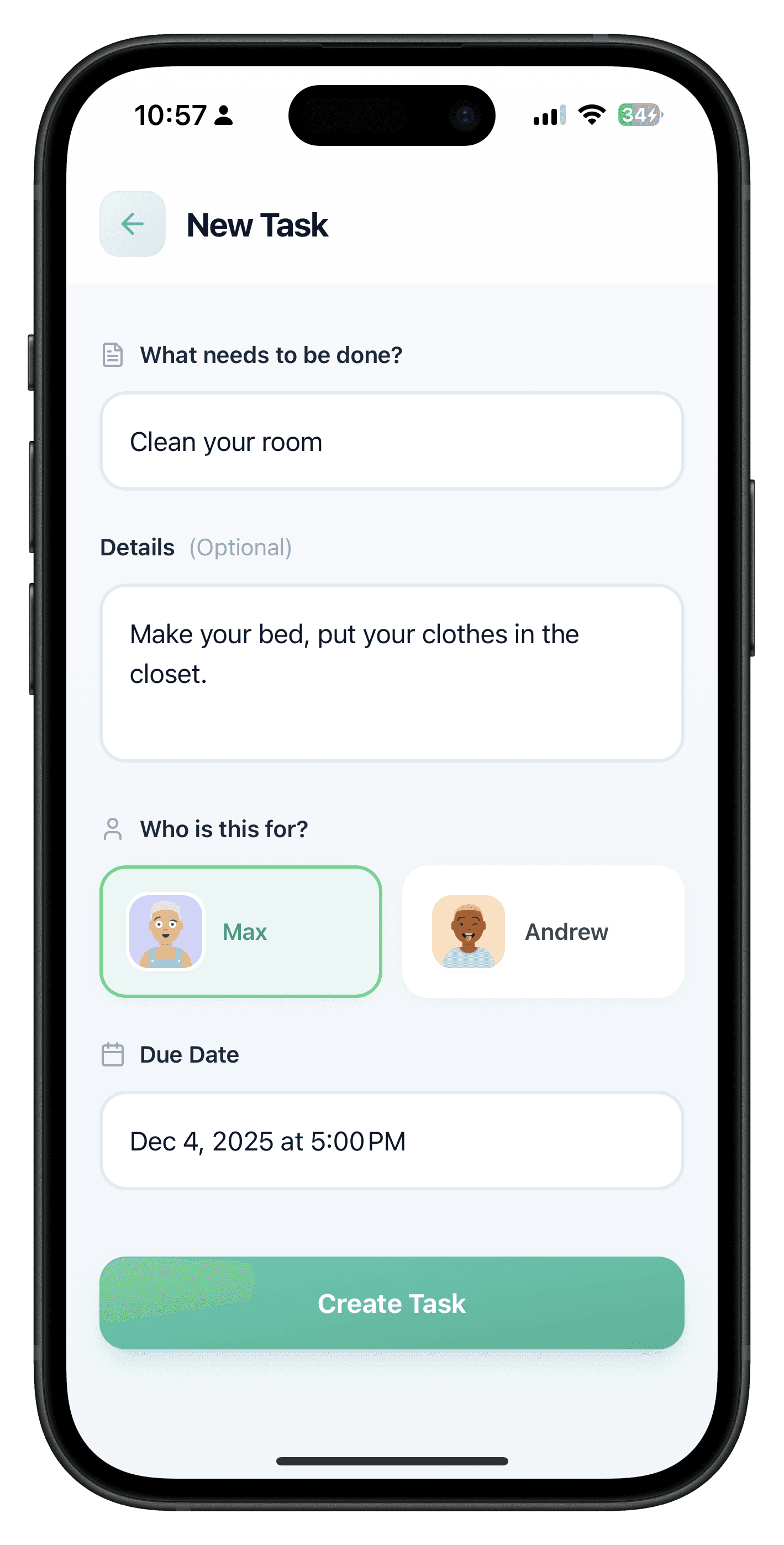 taskr create-task screen on iPhone — title, due time, and Screen Time rules