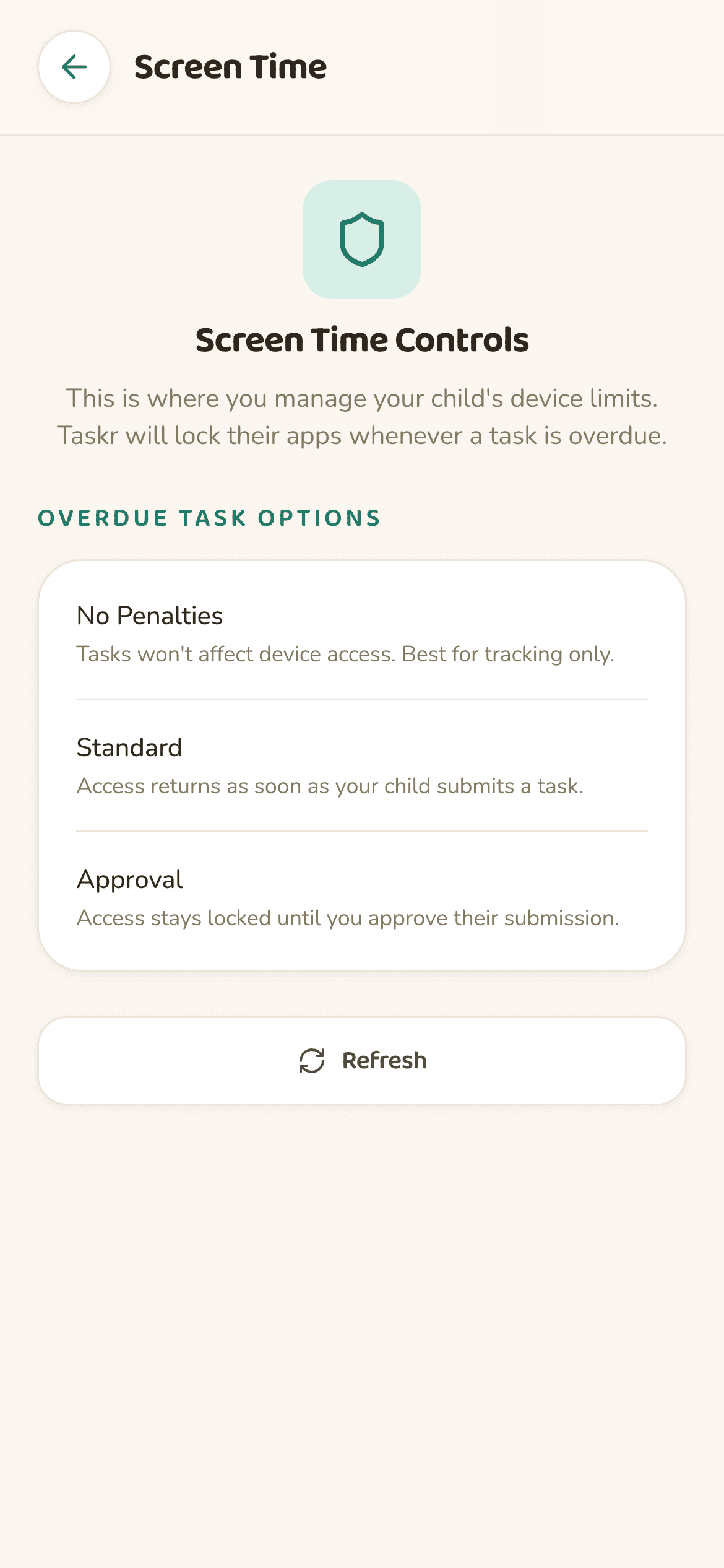 taskr Screen Time controls on iPhone with overdue task options: no penalties, standard, and approval mode