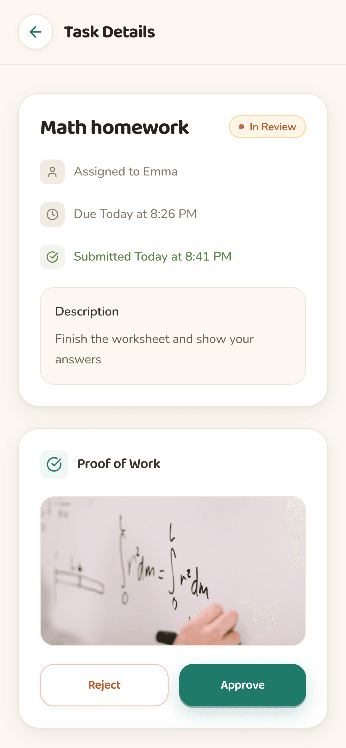 taskr task detail screen showing submitted math homework with photo proof and approve / reject buttons